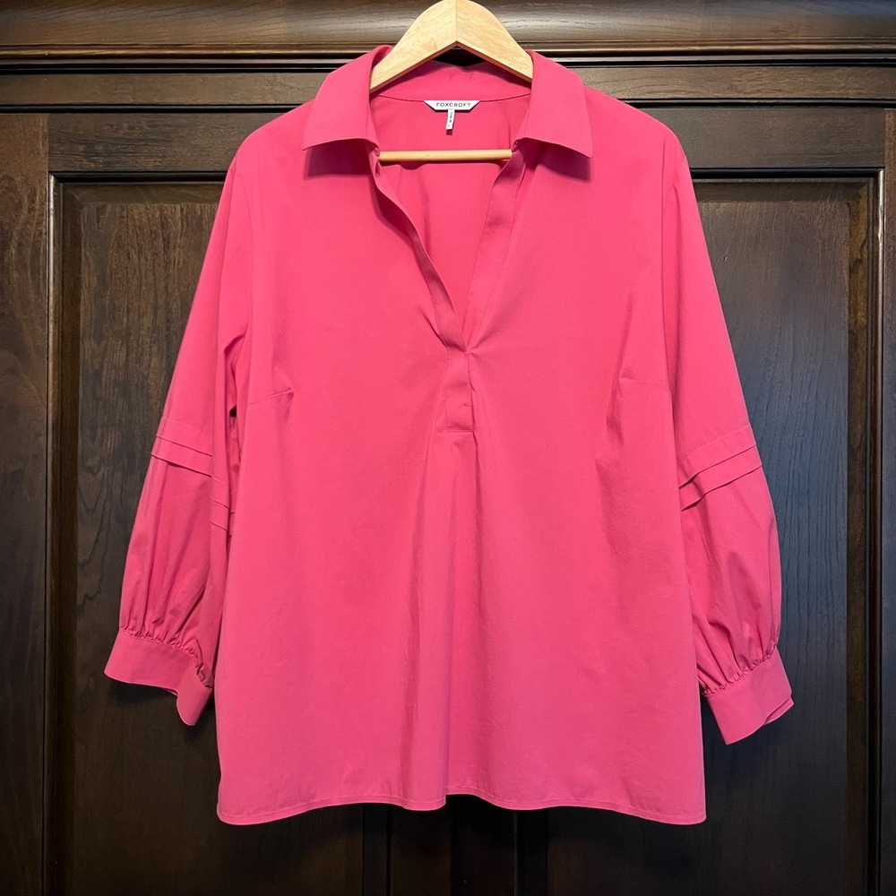 Foxcroft Raspberry Collared Blouse 3/4 Sleeves Pockets Sz L Relaxed Fit Classic